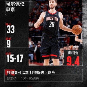 超高效率！申京全场17中15砍下33分9篮板6助攻1抢断